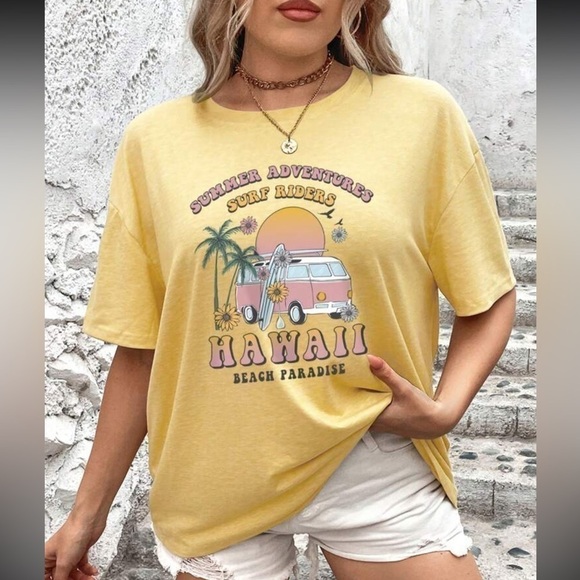 NEW | Mustard Yellow & Pink Hawaii VW Bus Van Surf Graphic Oversized Tee Size 3X - Picture 4 of 8